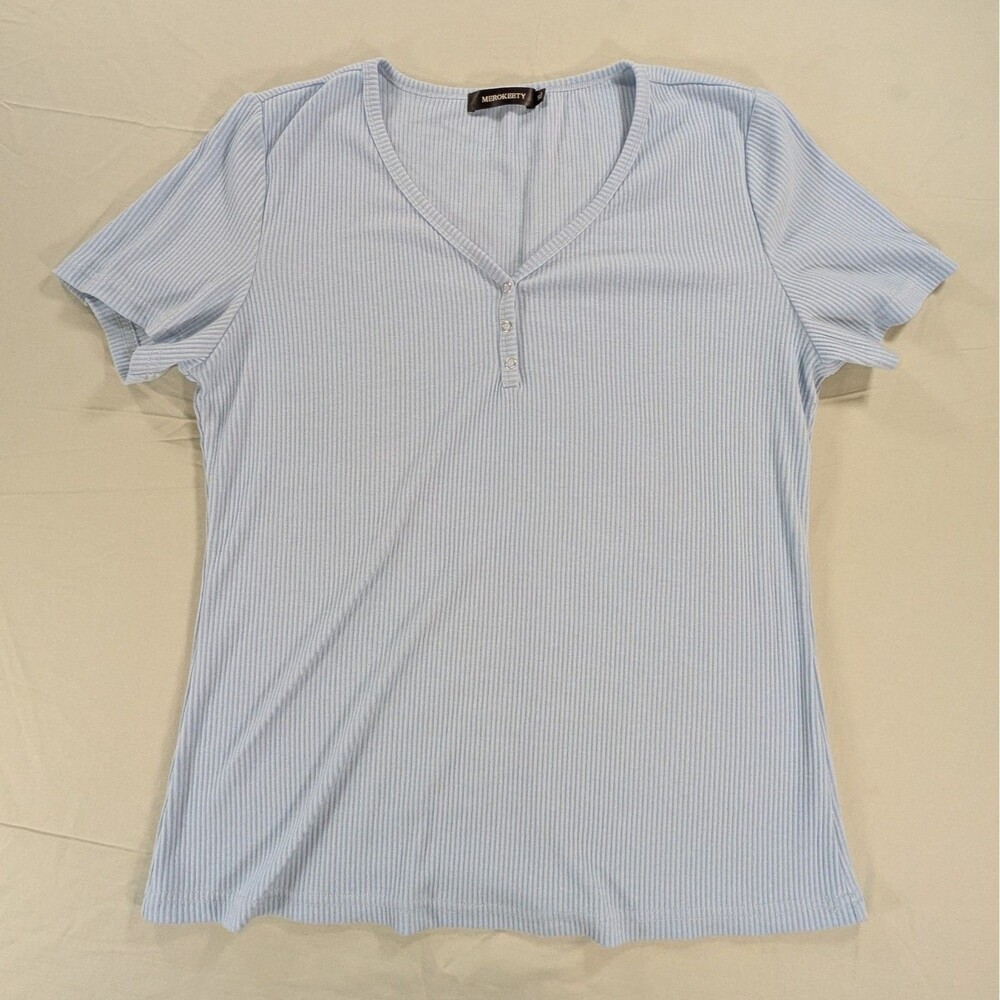 MEROKEETY Women's Short Sleeve V Neck Blue Ribbed Button Henley Knit Top XL